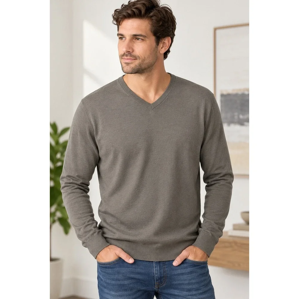 Banana Republic Luxury Blend V-Neck Silk Cashmere Cotton Sweater Grey Mens L